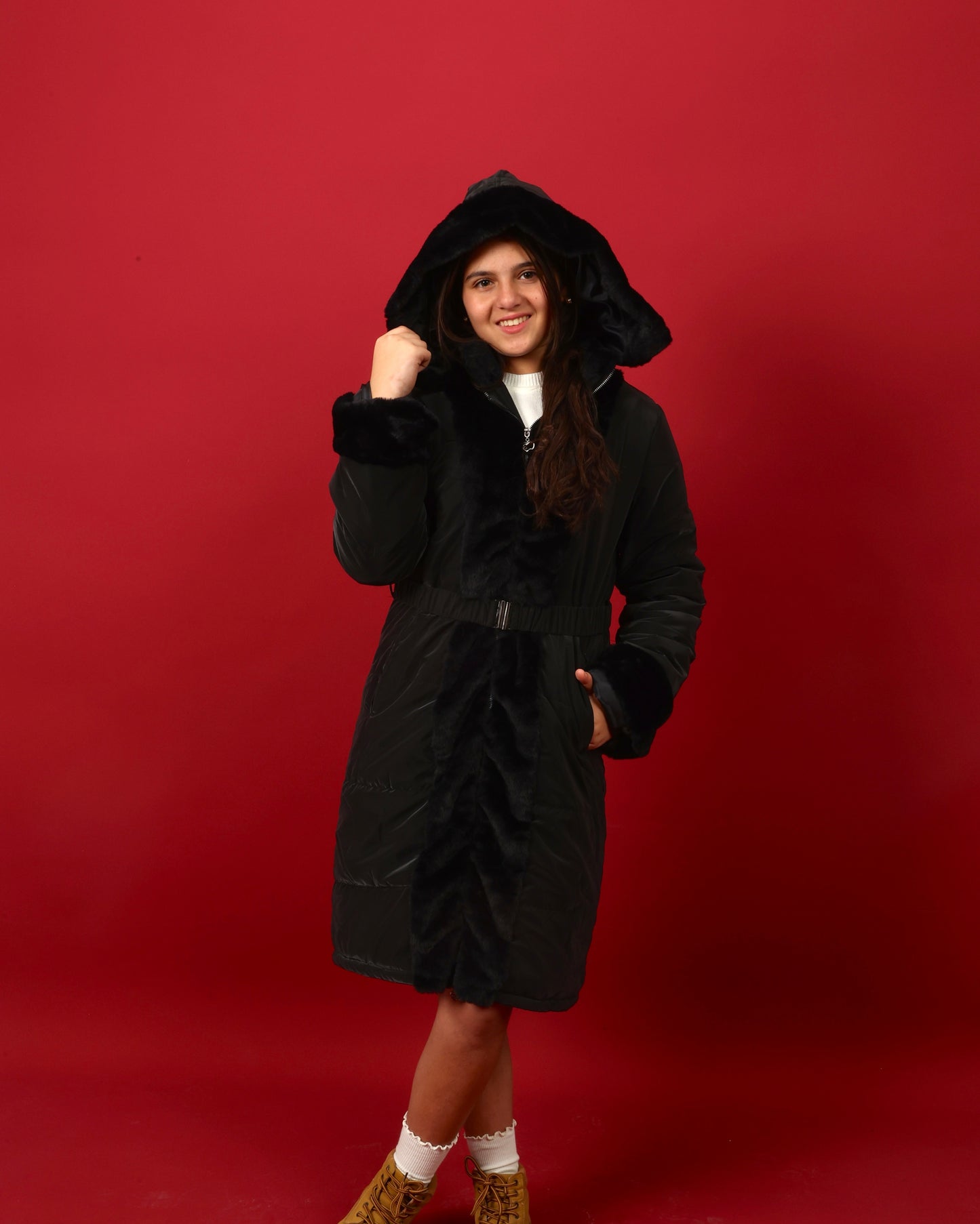 winter coat featuring a soft fur-trimmed