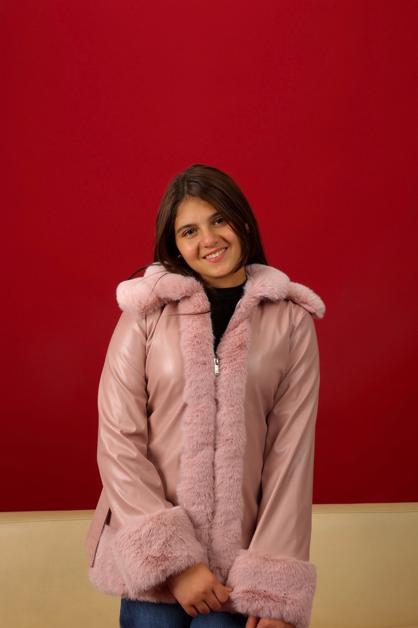 smooth leather-look and soft faux-fur trim coat