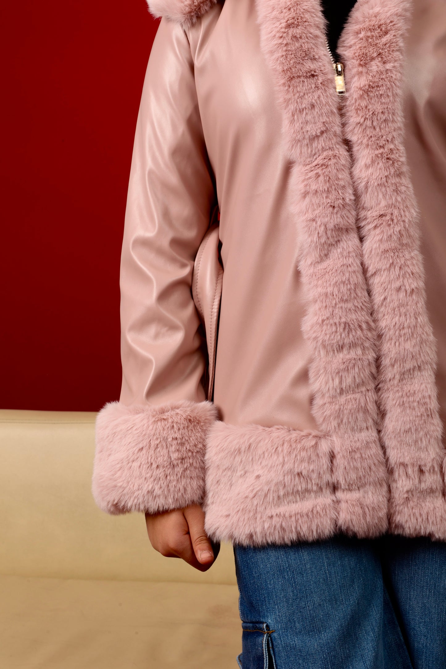 smooth leather-look and soft faux-fur trim coat