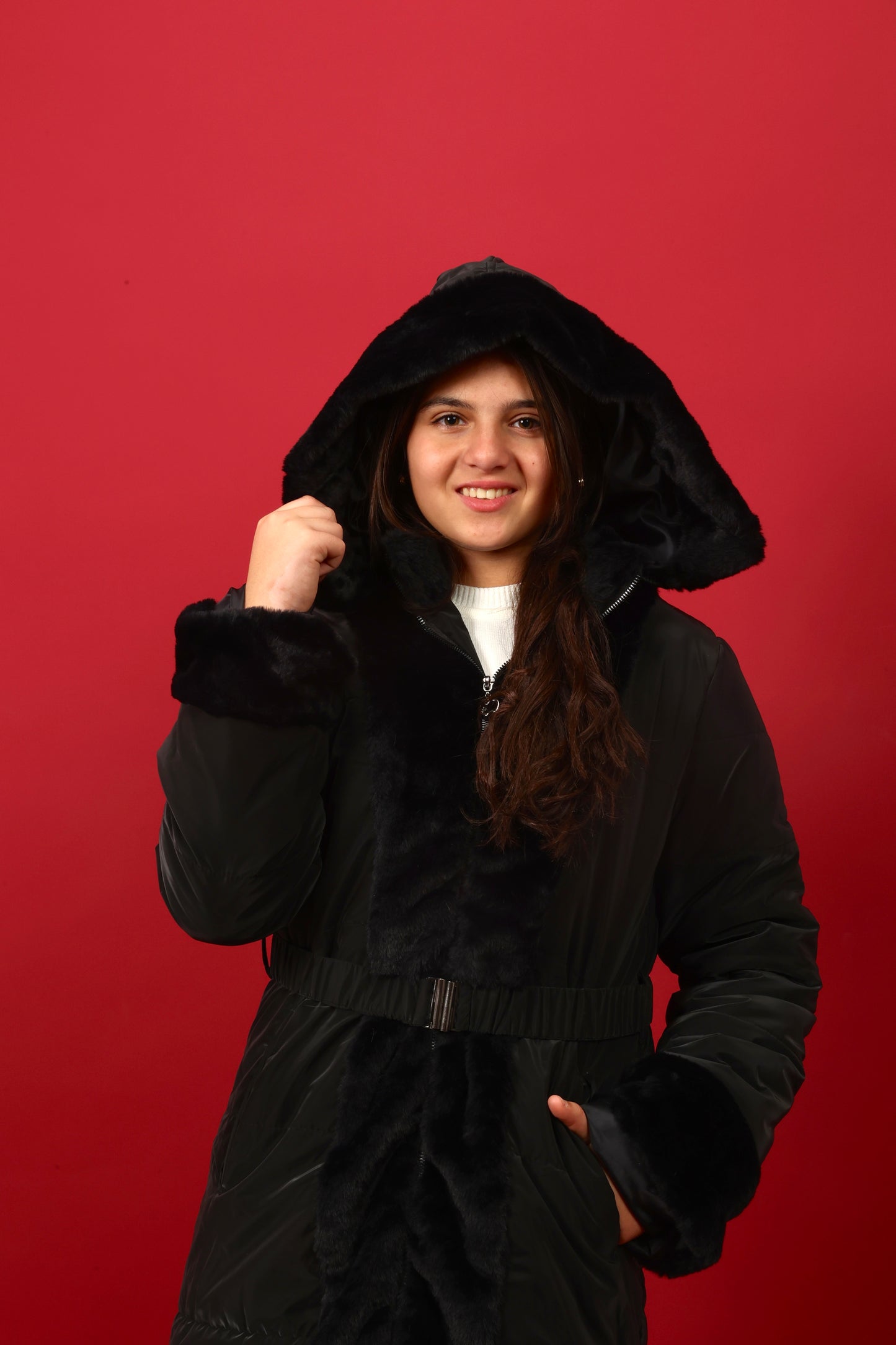 winter coat featuring a soft fur-trimmed