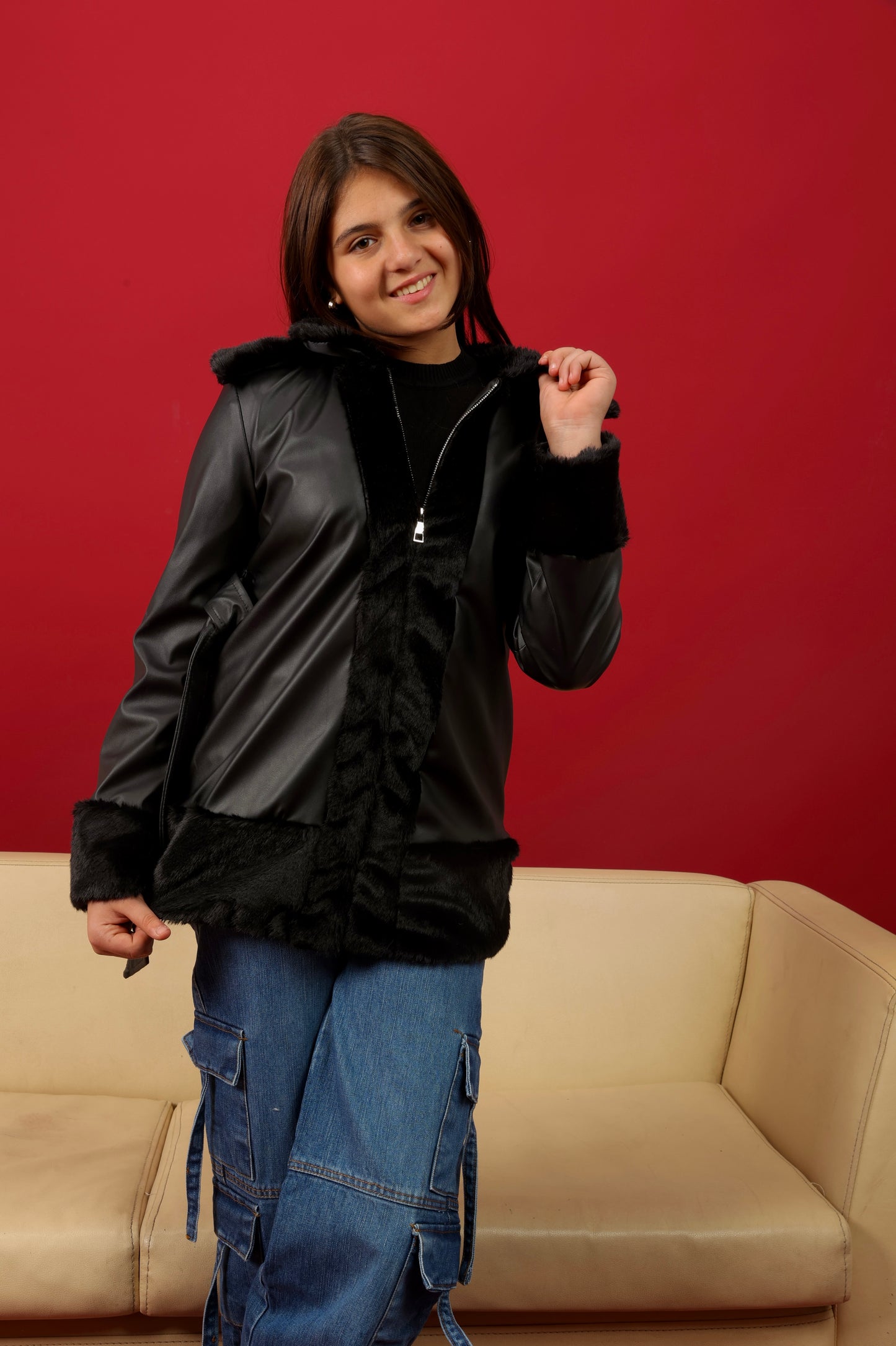 smooth leather-look and soft faux-fur trim coat