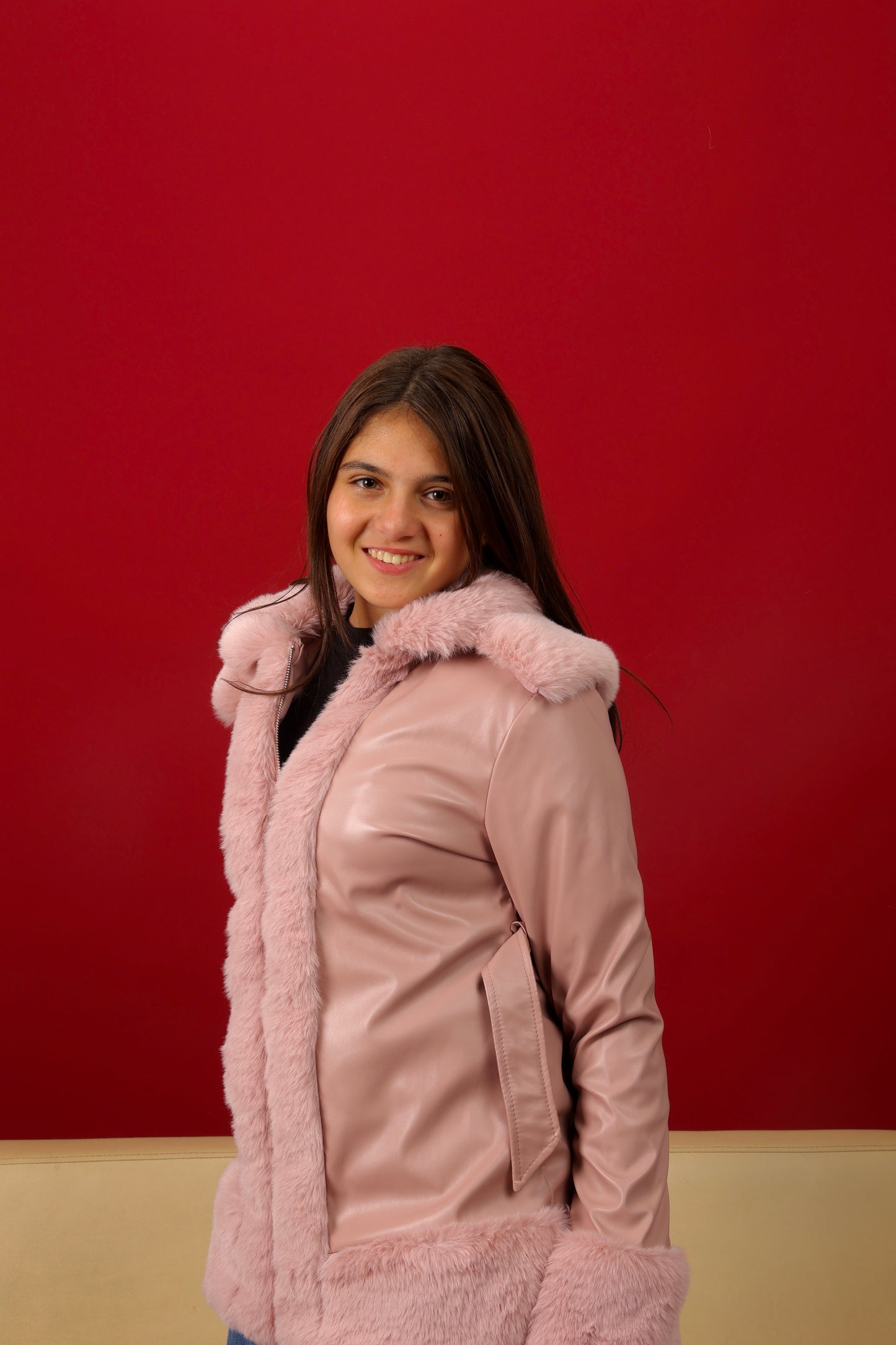 smooth leather-look and soft faux-fur trim coat