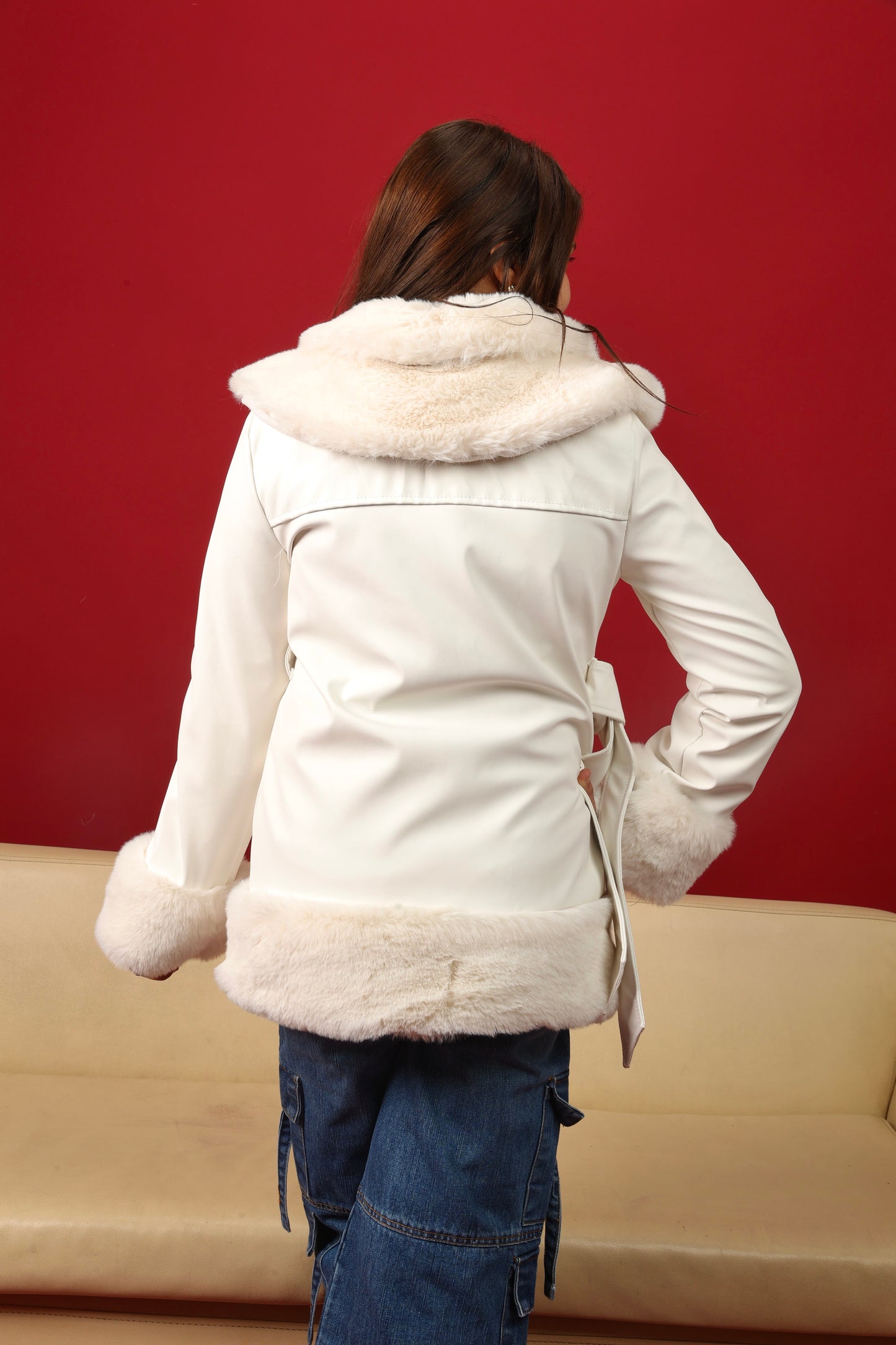 smooth leather-look and soft faux-fur trim coat