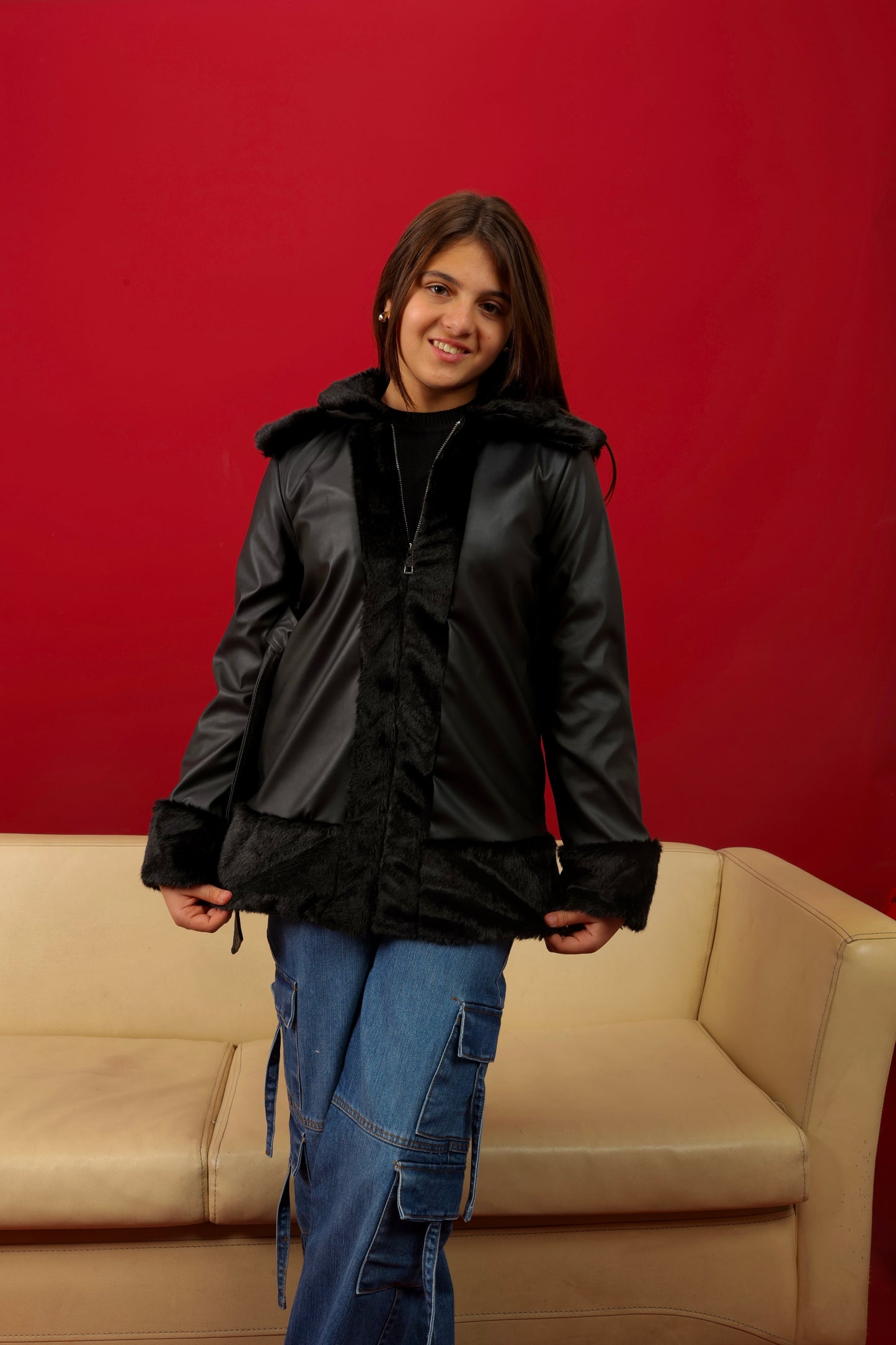 smooth leather-look and soft faux-fur trim coat