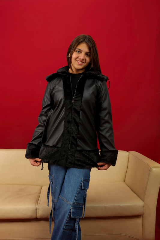 smooth leather-look and soft faux-fur trim coat