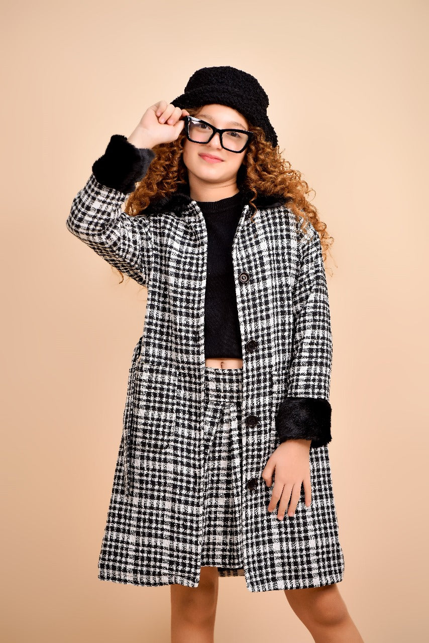 black-and-white houndstooth coat