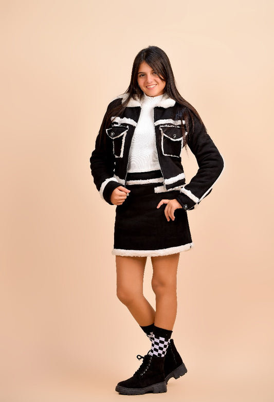 jacket paired with a matching mini skirt