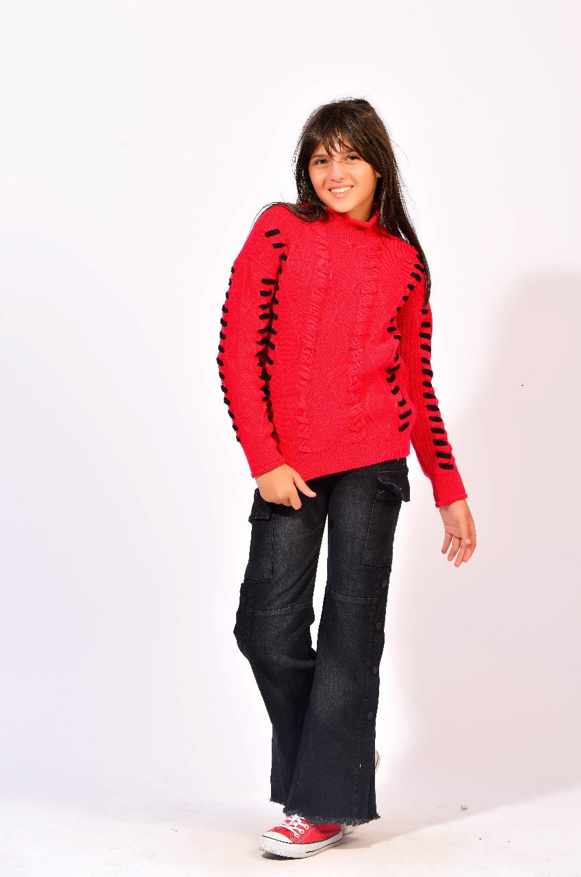 stitched detailing red knit sweater