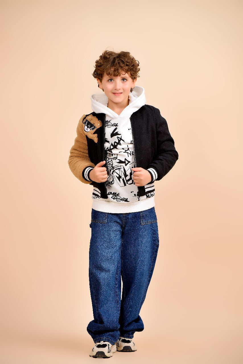 embroidered teddy bear patch with sunglasses jacket