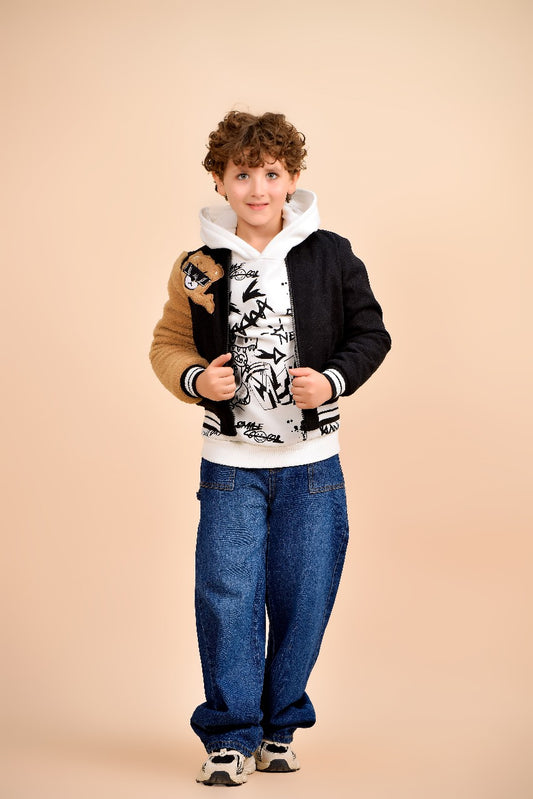 embroidered teddy bear patch with sunglasses jacket