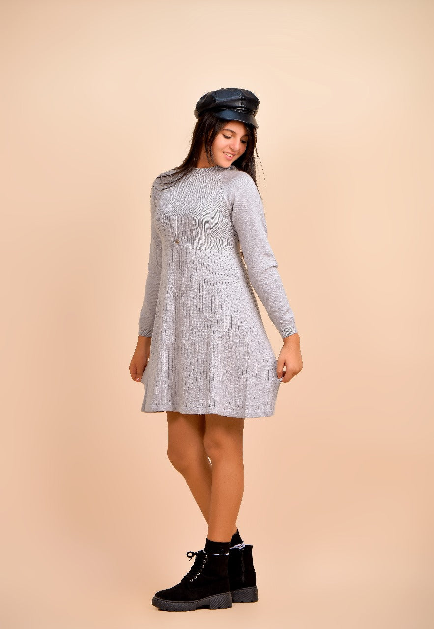 light gray knit dress with long sleeves