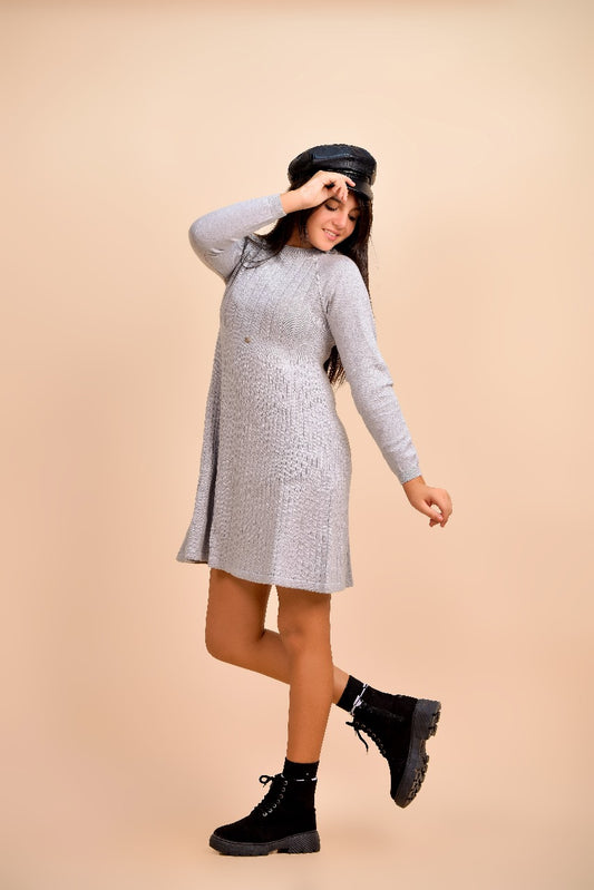 light gray knit dress with long sleeves